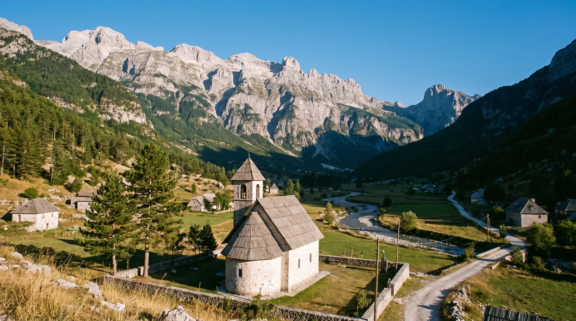 The stone church of Theth on the valley floor beneath the limestone walls of the Radohima massif
